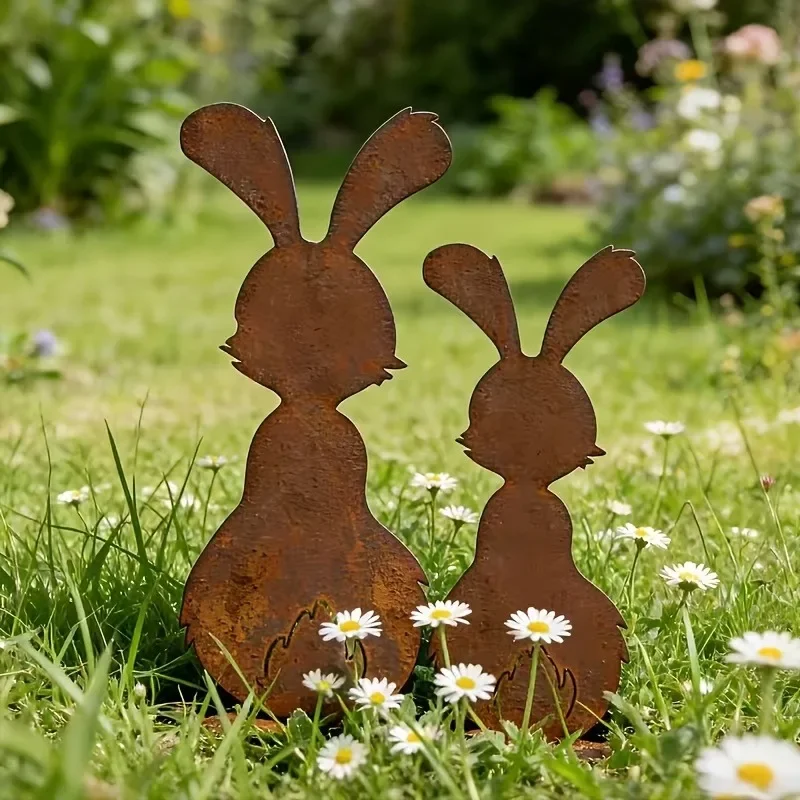 [2D Flat]  Whimsical Rust-Speckled Metal Rabbit Garden Stakes – Easter-Themed Rustic Outdoor Decor,Adorable Rabbit Sculpture