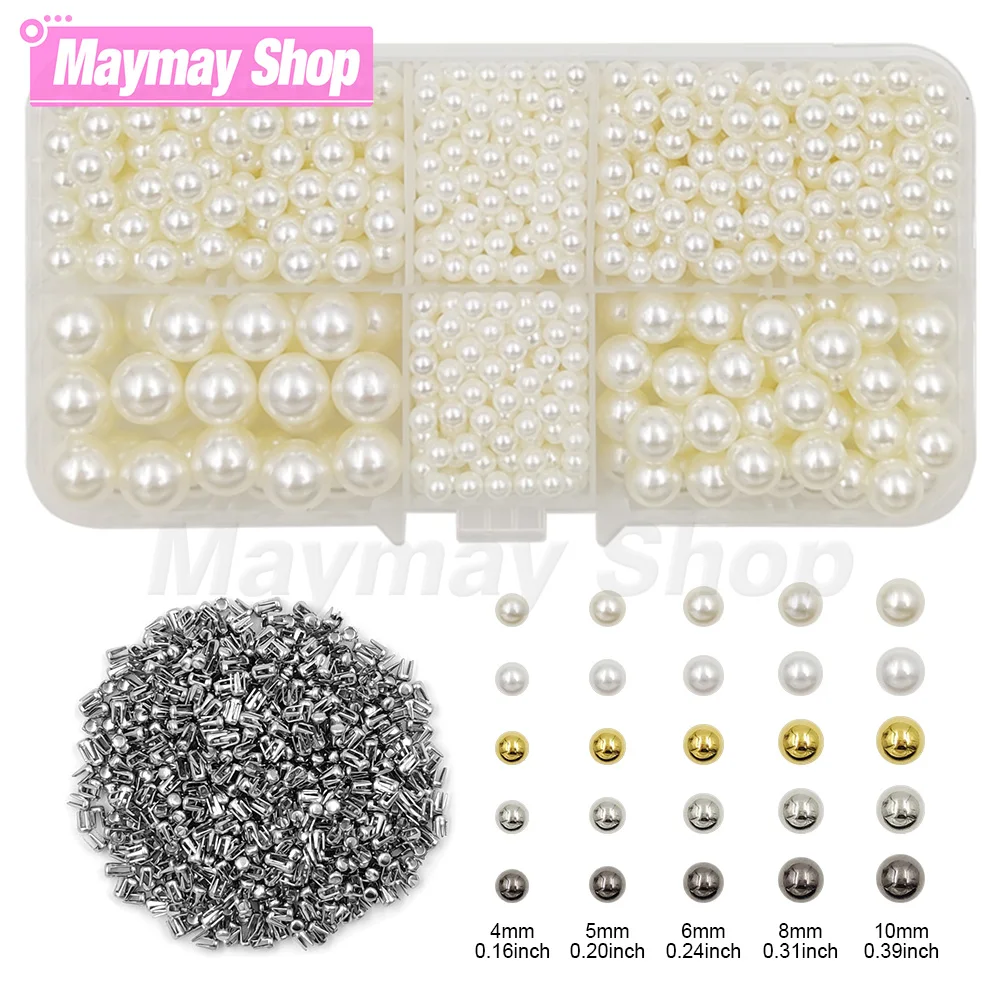 850pcs Pearl Beads  Acrylic Imitation Pearl Beads 4-10mm Nonporous Pearl Beads For Hats Shoe Clothes Handbag Sewing DIY Project