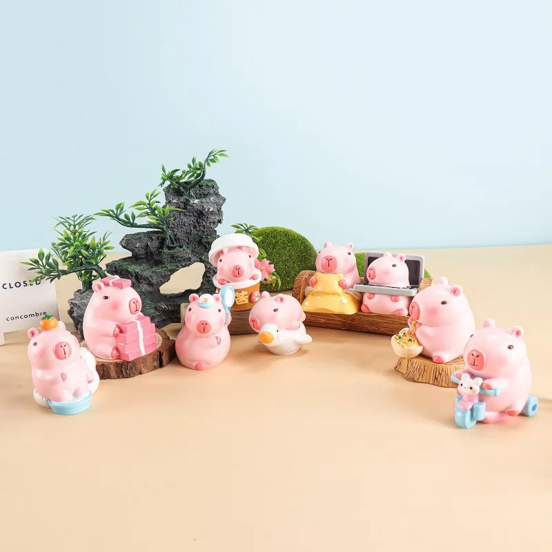 Nieuwe Roze Kapibara Pop 9 Stuks Blinde Doos Beeldje Cartoon Perifere Hars Ornament Cake Decoratie Om Vrienden Verjaardagscadeau Te Geven