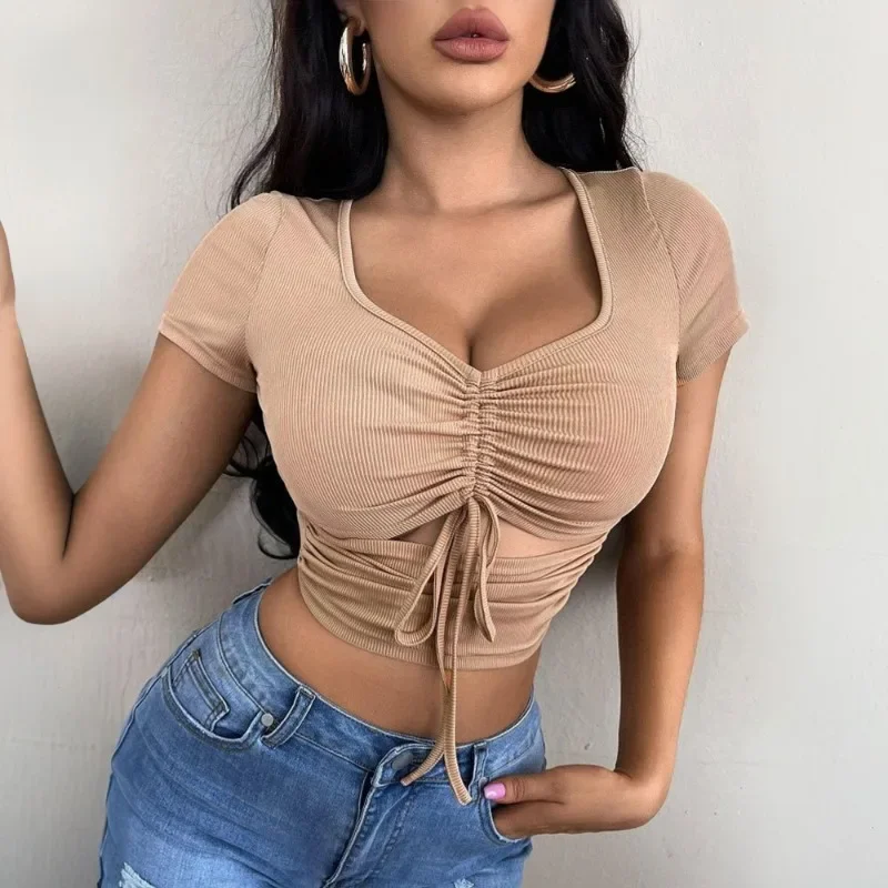 

2025 Spring Summer New Sexy Sweet And Spicy Style Women's T-shirt Drawstring Crop Top With Exposed Navel Short Sleeve