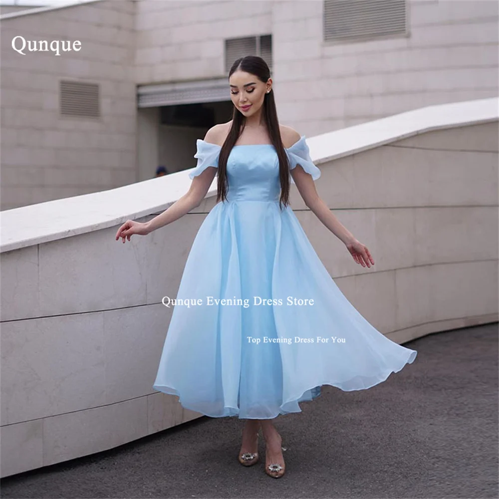 

Qunque Short Sleeves A Line Evening Dress Sky Blue Tulle Celebrity Gowns Customized Dinner Dresses Women Elegant Robes De Soirée