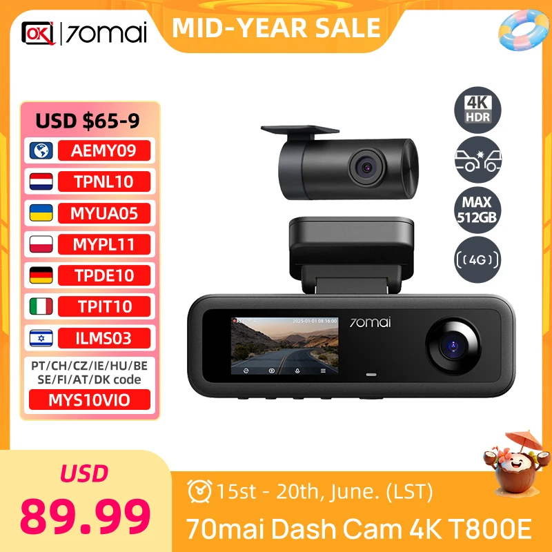 70mai 4K Dash Camera T800E 3-Channel Front Rear Interior Voice