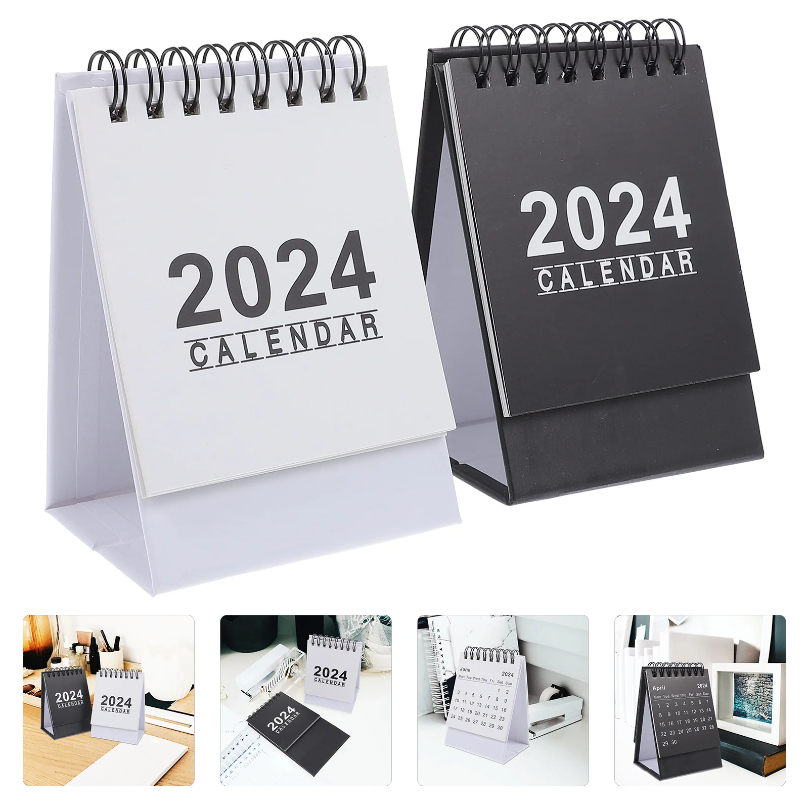 

2Pcs Mini Calendar Desktop Paper Metal 2024 Office Household Standing Table Monthly Practical Desk Accessory Small Calendar