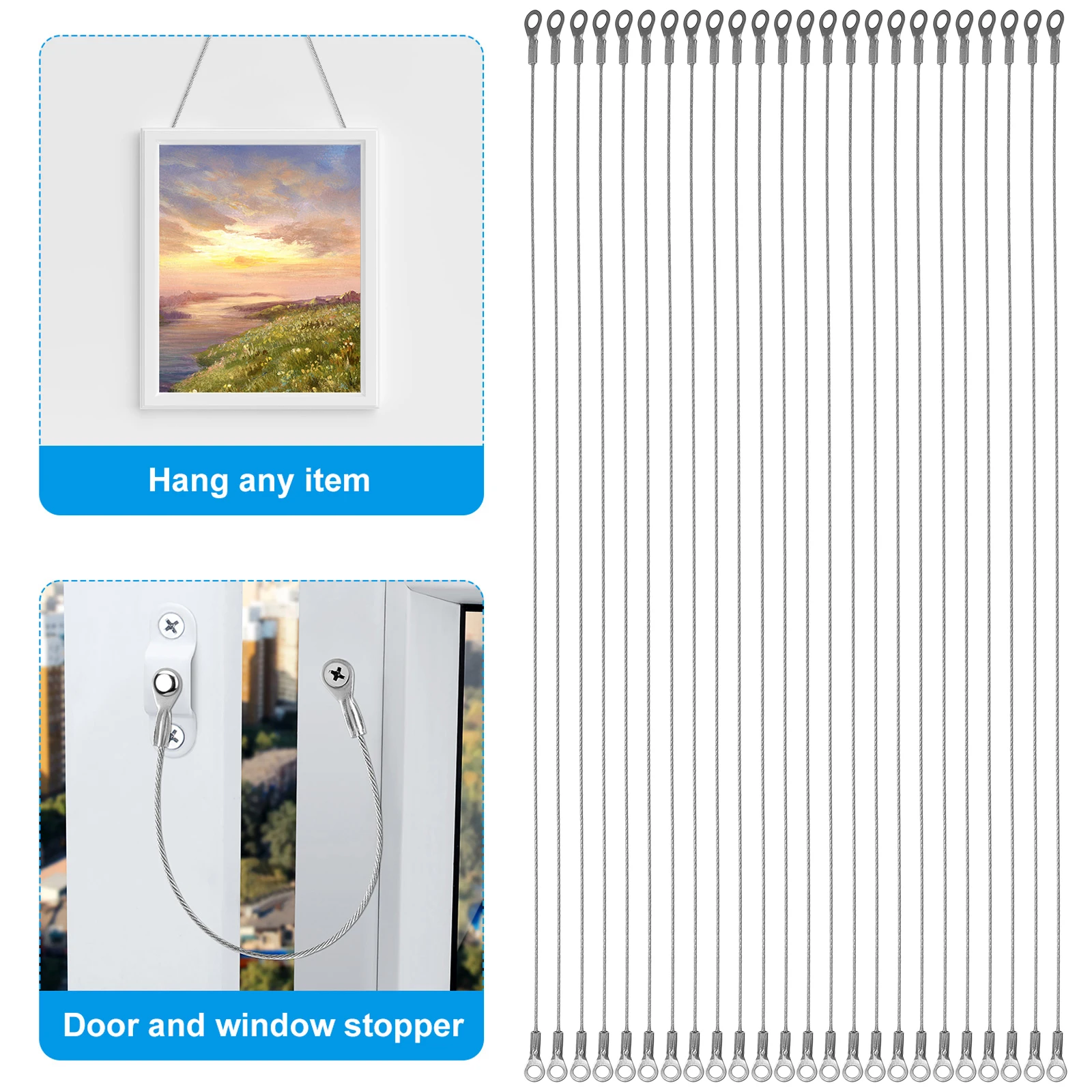 

20pcs Stainless Steel Security Cable Heavy Duty Lanyard Tether Wire Safety Strap For Hanging Pictures Mirrors Lights Curtains