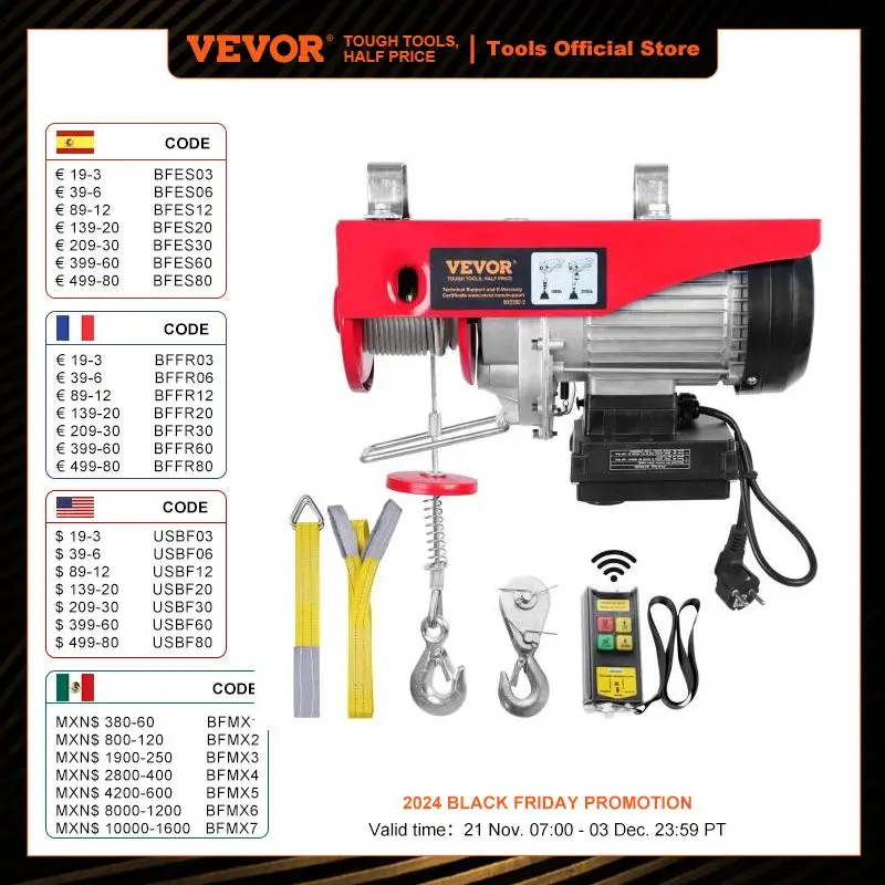 VEVOR 1000kg Electric Hoist Crane Portable Lifter Steel Wire Winch with Wireless Remote Control for Garage Warehouse Factory