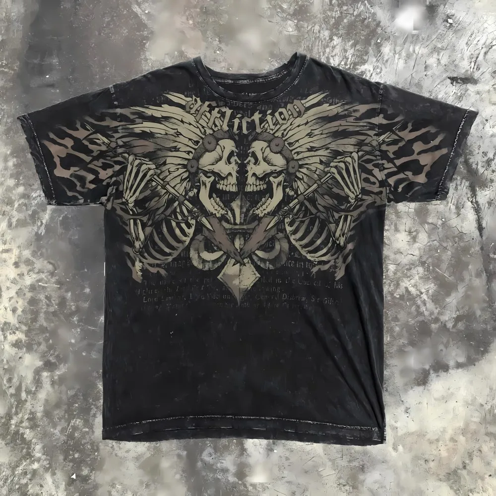 European and American Men's Summer New Gothic Skull Letter Printed Comfortable and Breathable Round Neck T-shirt Outdoor Street
