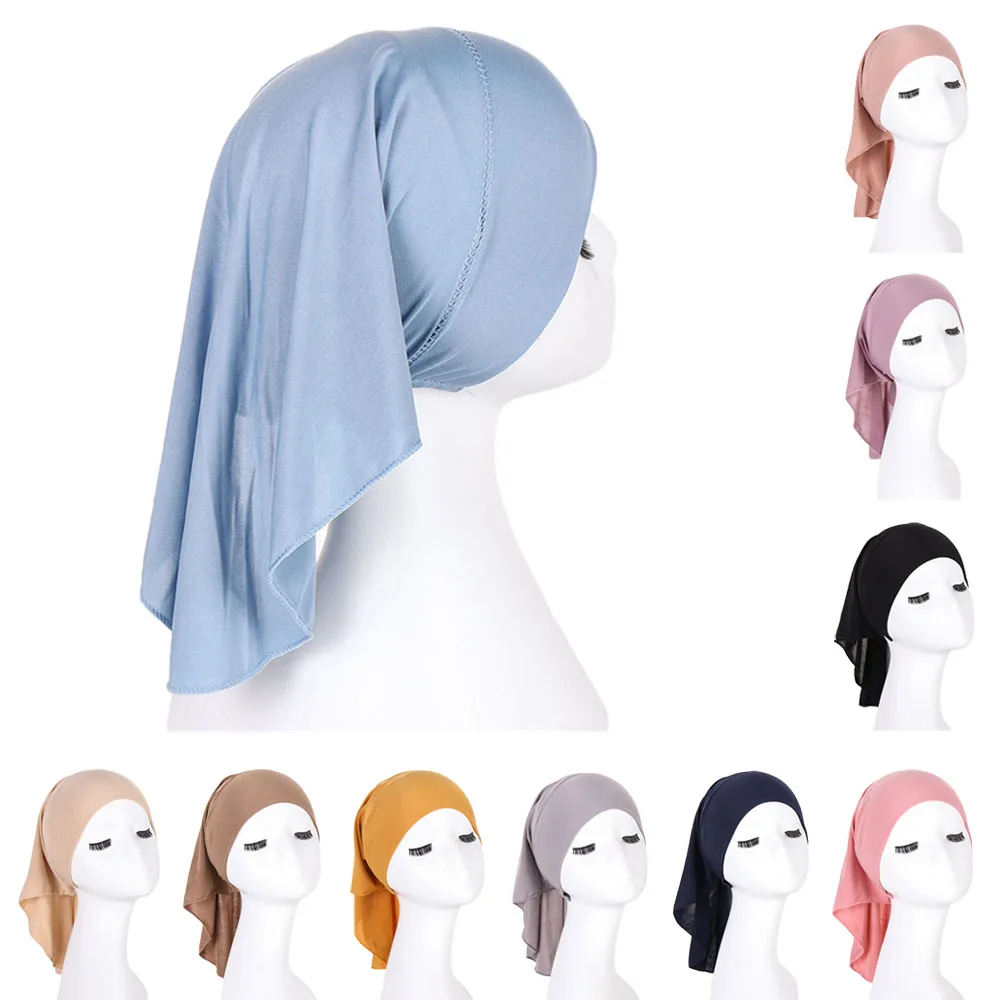 

Soft Women Inner Hijab Caps Muslim Stretch Turban Cap Islamic Underscarf Bonnet Hat Long Tail Female Headband Turbante Mujer