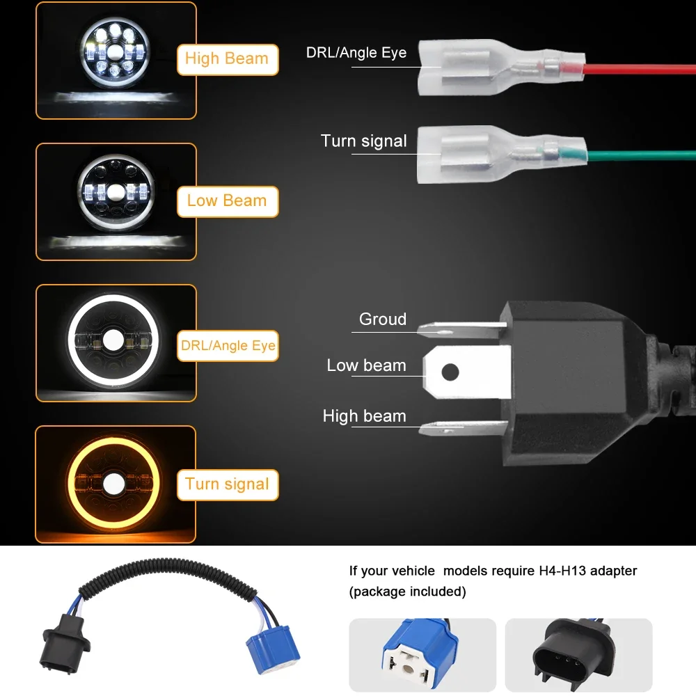 Firedrake R1 7 Inch LED Round Headlamp Gear Angel Eye Wrangler Jeep Off-road Headlight H4 200W 6000K 3500K 130000LM 24V Car Lamp