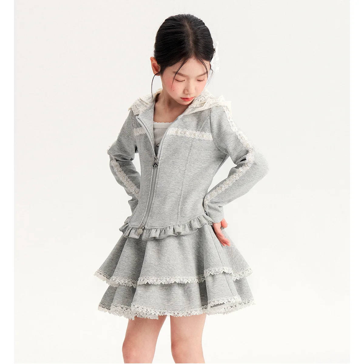 

2025 Autumn Baby Girls Two-piece Sets Lace Hooded Coat+Elastic Waist Skirt Children Girls Sets Long Sleeves Kids Girls Sets