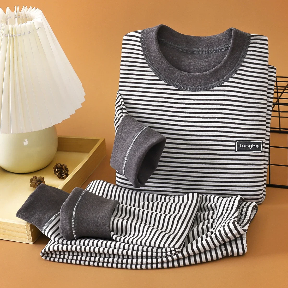 Children Long Johns Set Fleece Striped Top Pants Cozy Warm Winter Thermal Underwear Boys Girls Home Wear 2-16 Years Sleepwear