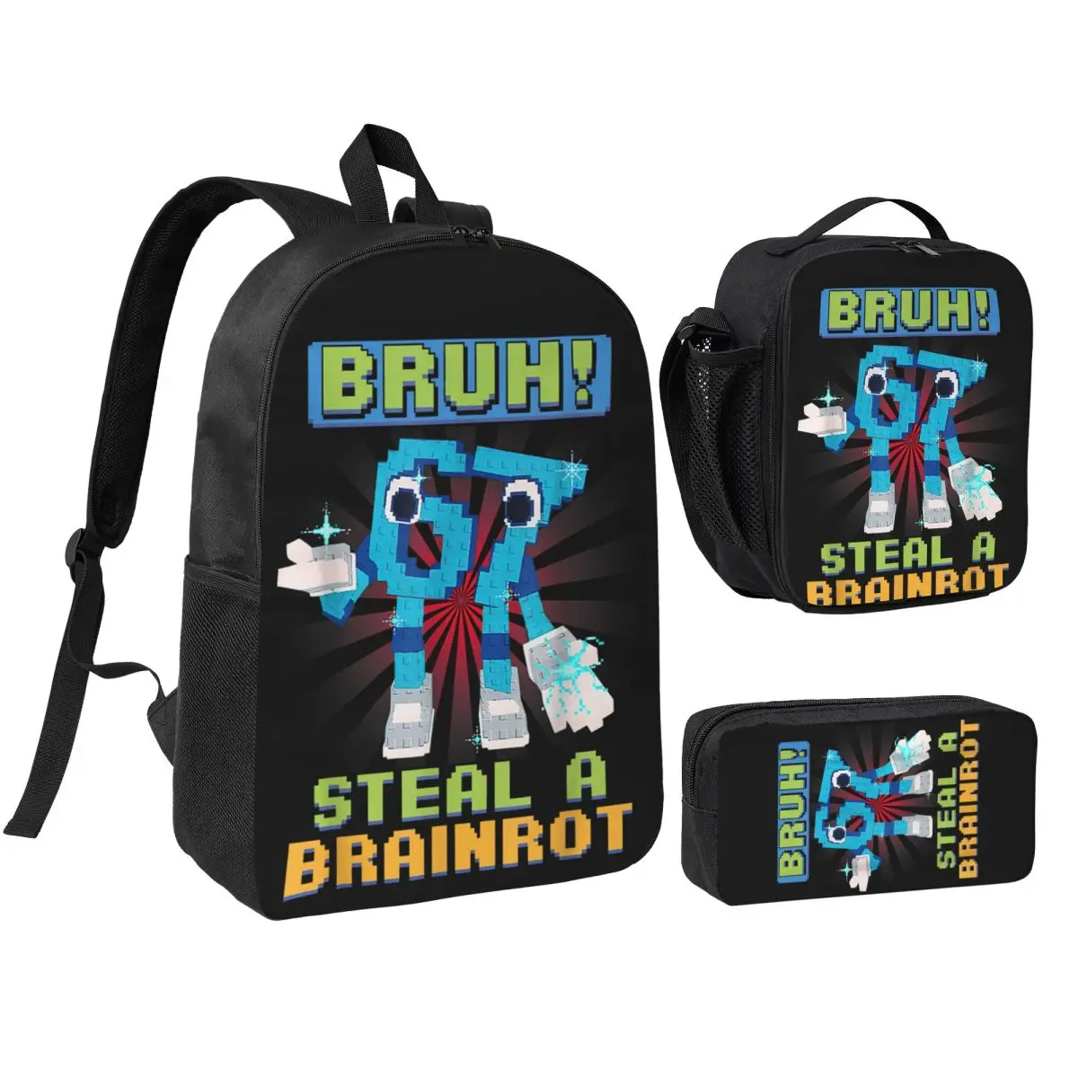 Funny Pixel Meme Bruh 67 Steal A Brainrot 3pecs/set Backpack for Student High School Shoulder Bag Lunch bag Pencil Case
