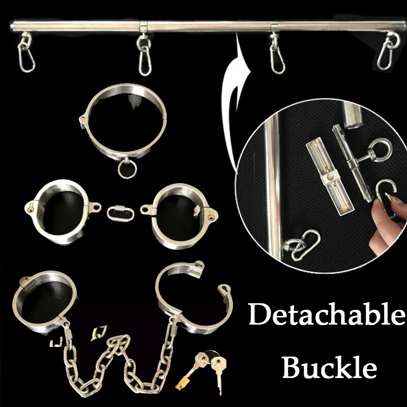 Stainless Steel Lockable Neck Collar Wrist Handcuffs Ankle Cuffs Detachable Buckle Chain Spreader Bar Slave BDSM Bondage Sex Toy