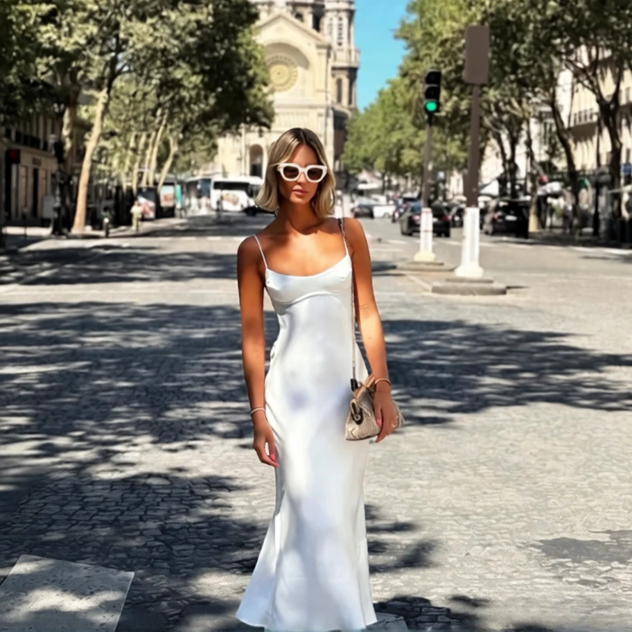 Suninheart Mid-calf Satin Dress Elegant Pink Sexy Sleeveless Cut Out Party Dresses Casual Holiday Birthday Women Clothing