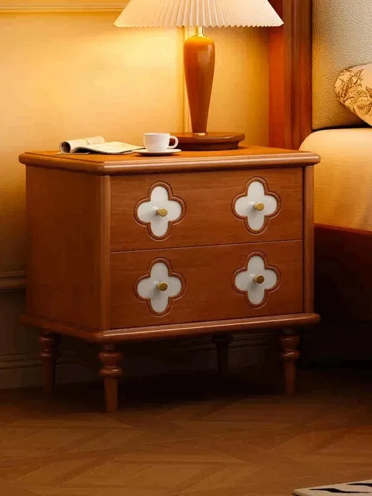 Wood Double Drawer Storage Cabinet,Four Leaf Clover Shell Bedroom Bedside Cabinet
