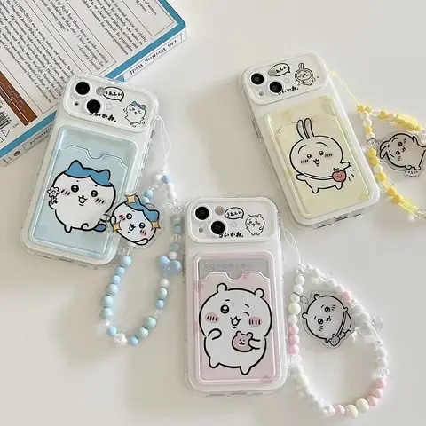 Simpatico cartone animato Giappone Anime Chiikawa Card Portafoglio Custodia per telefono tascabile per iPhone 16 15 14 13 12 11 Pro Max Cover con cordino