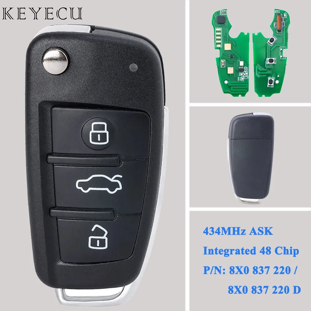 

Keyecu For Audi A1 Q3 2012 2013 2014 2015 2016 Flip Remote Car Key Fob 434MHz ASK With Integrated 48 Chip 8X0837220 8X0837220D