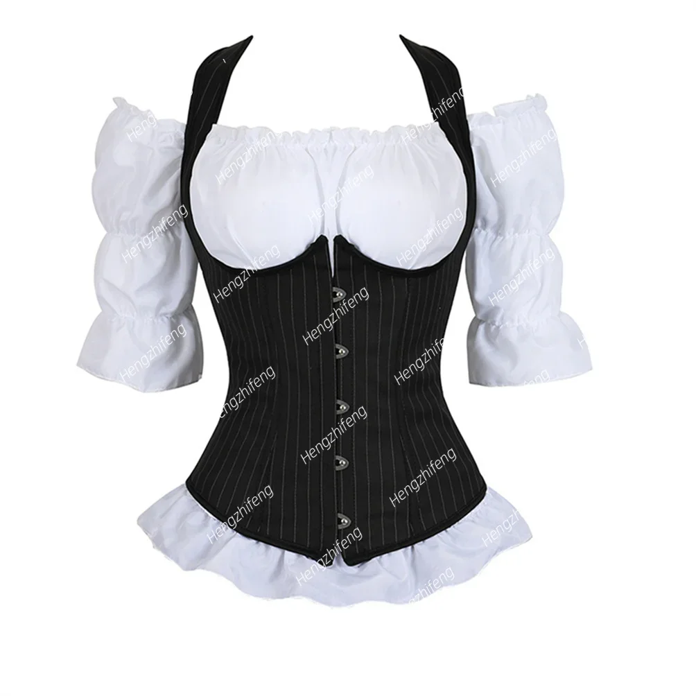 

Женский корсет, комплект из 2 предметов, готические корсеты, сексуальные полосатые бретели, бюстье, жилет под грудью с комплектами блузок, формирователь тела, большие размеры