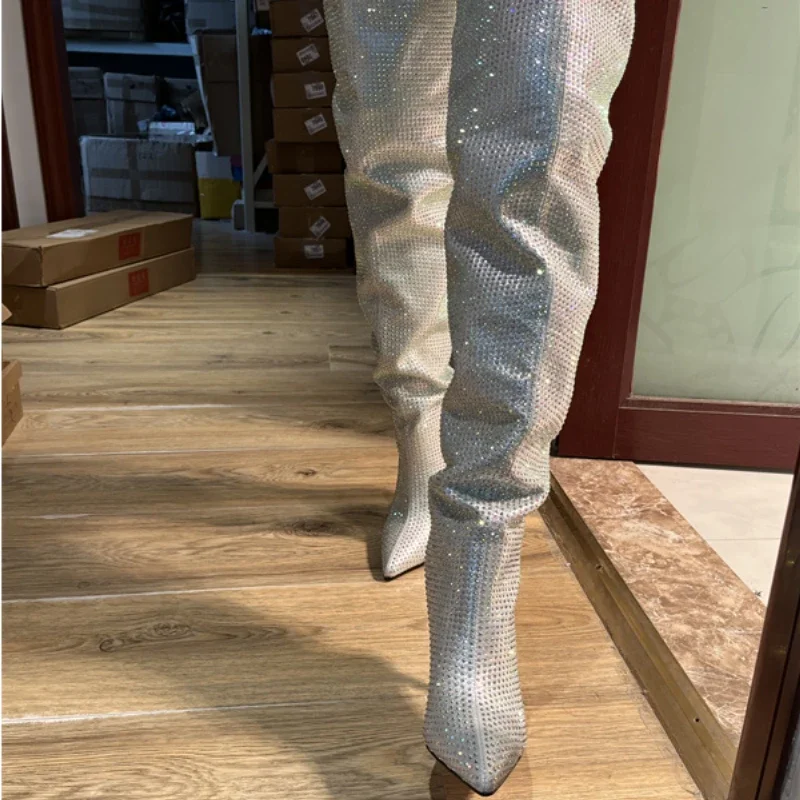 Silver All Diamond Shiny Over Knee Boots 2024 Sexy Pointed Fashion 12cm/9cm Slim Heel Model Boots Autumn New 34-43 Thigh Boots