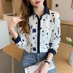 Autumn Korean Version Color Block Print Shirts Women Clothing Fashion Long Sleeve All-match Chiffon Blouses Office Lady Chic Top