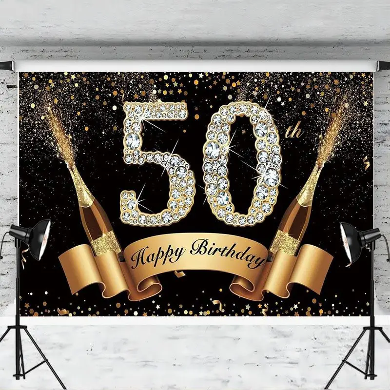 Black and Gold Happy 50th Birthday Backdrop Banner 50 Years Old Champagne Photography Background for Men Women Party Decorations