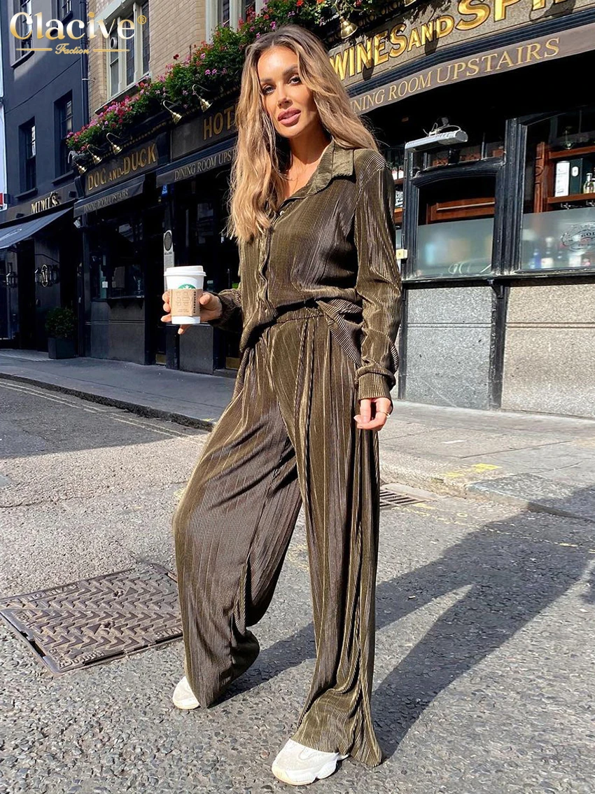 Clacive Casual Loose Shirts Pants Set Woman 2 Pieces Elegant Brown High Waist Pant Suits Fashion Pleated Home Wide Trouser Suits