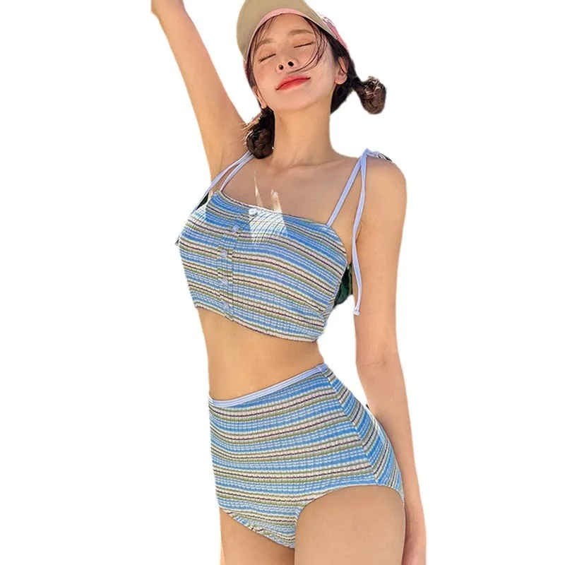 Sexy Korean Fashion Striped Bikinis Sets Two Pieces High Waist Swimsuit Push Up Swimwear Female Bandeau Beach Wear Bathing Suit