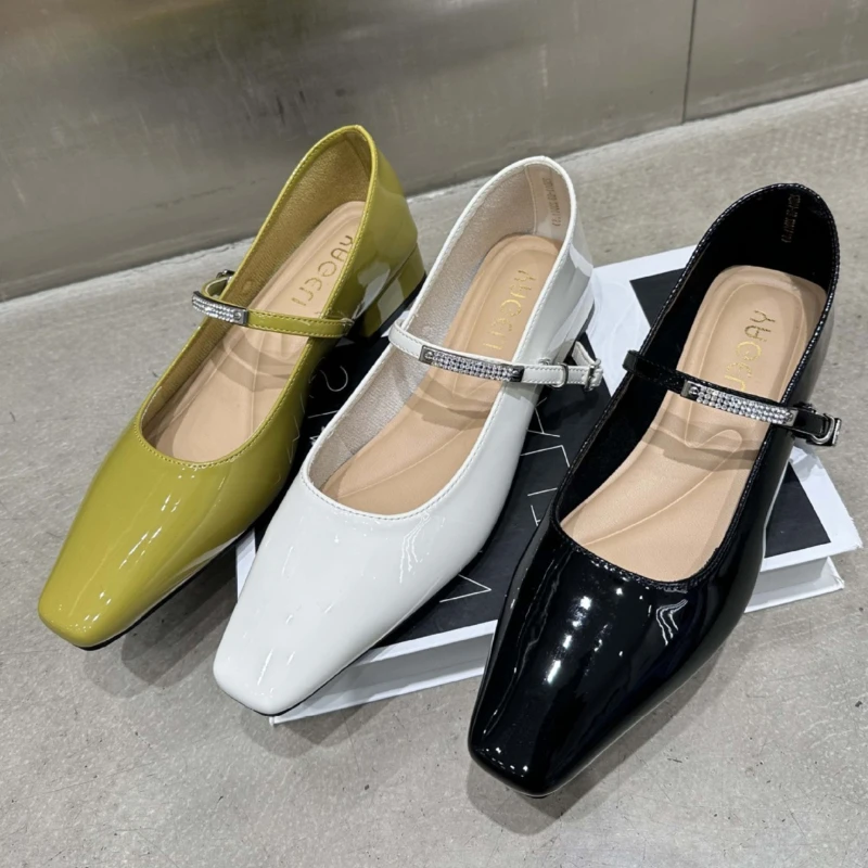 

Patent Leather Shallow Mary Jane Shoes for Women Square Toe CRYSTAL Strap Design Elegant Designer Pumps Fashion Party Dress Shoe