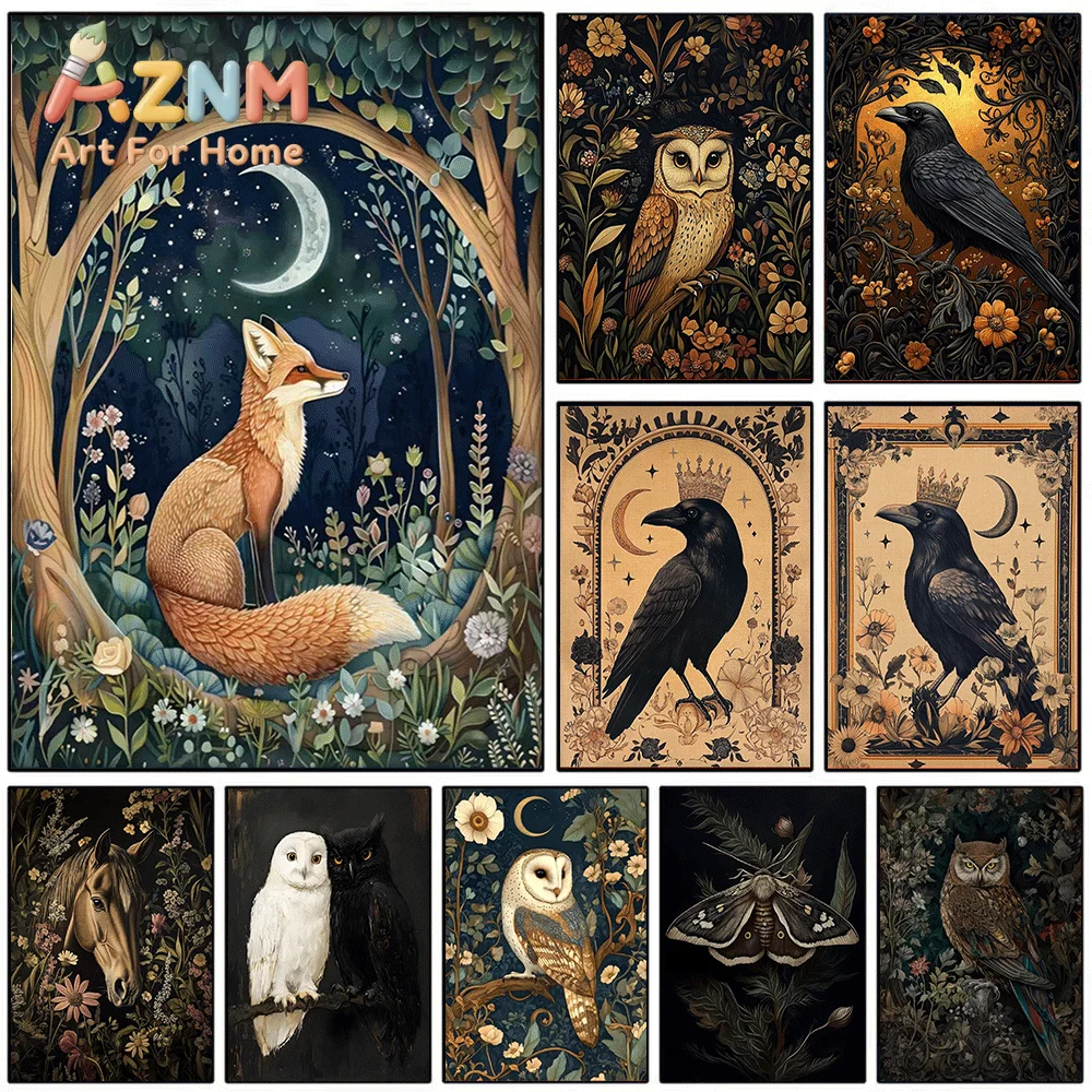 Dark Cottagecore Forest Animal Canvas Print, Mystical Moon Floral Owl Raven Fox Art Poster, Frameless Canvas Wall Picture for