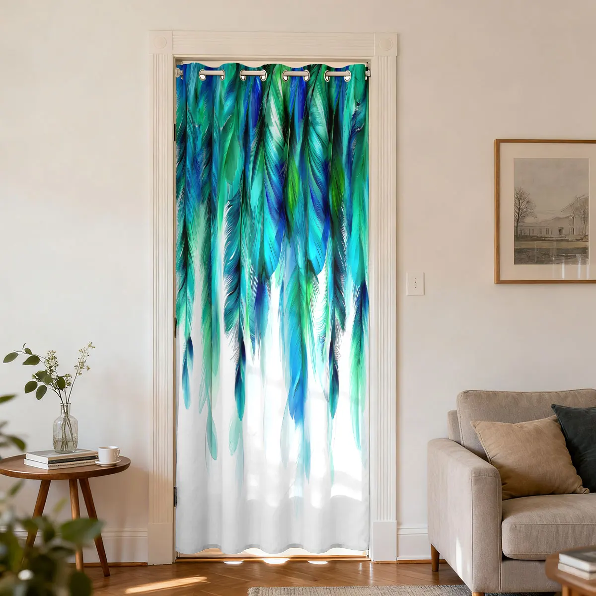 Blue Green Gradient Feather Decor Single Panel Loop Top Curtain 1PC, Hanging Door Curtain For Living Room Bedroom, Fashion Ho