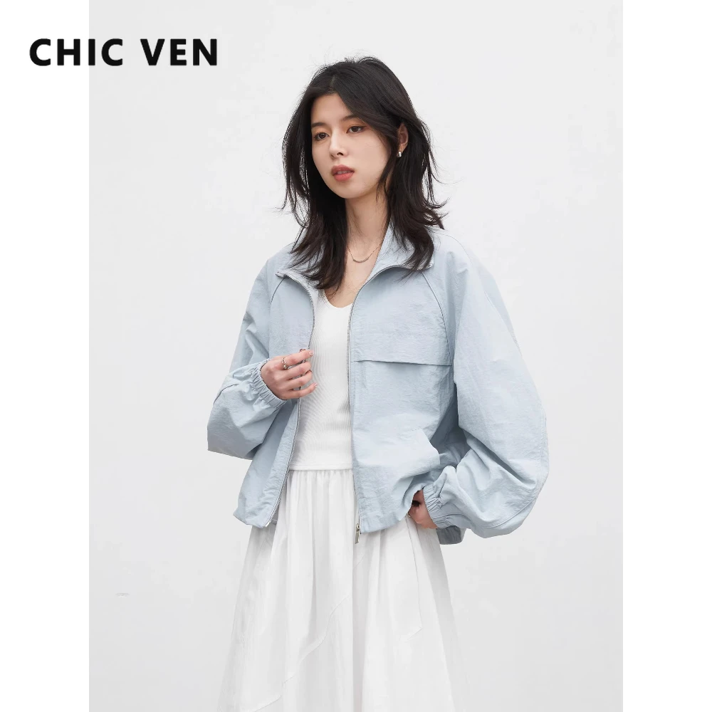 

Модная женская короткая куртка CHIC VEN: однотонная, свободного кроя, повседневная, с воротником-стойкой, ветрозащитная, весна-лето 2026