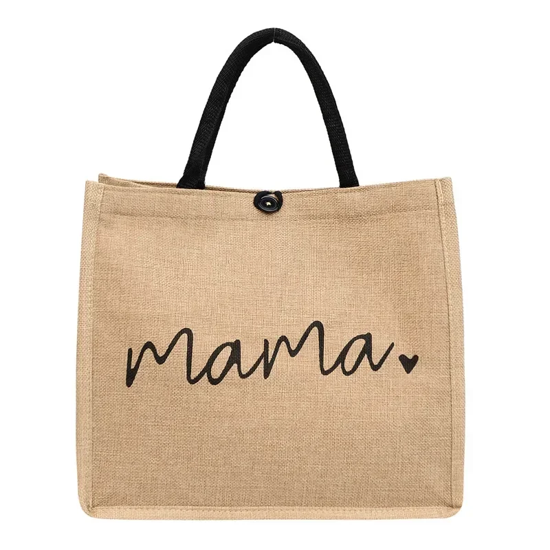 Women Tote Bag Fashion Mama Letter Printing Linen Handbag Large Capacity Baby Diaper Bag Casual Shopping Shoulder Bag Mom Gifts