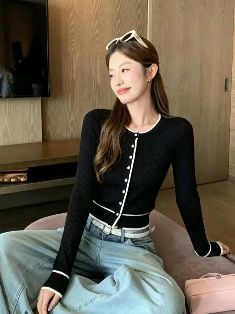 Korean Style Color Block Slim Fit Knitted Base Shirt Women's Autumn Winter New Fashion Elegant Button Cardigan Sweater