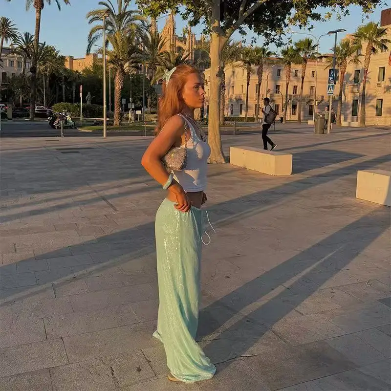 Fashionable Slim Fit Glittering Casual Pants Women's Loose High Waist Straight Leg Trousers Summer 2025 Cross-Border Style