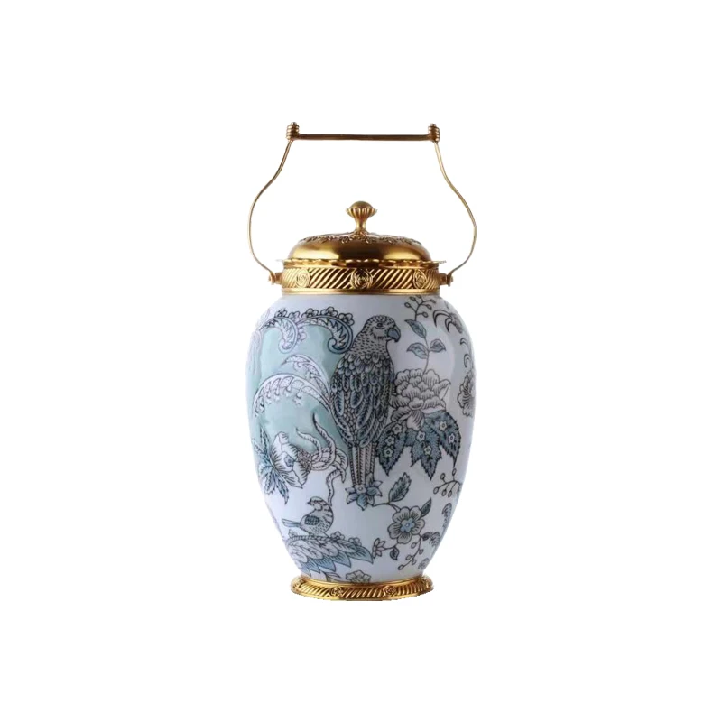 Best Sellers Luxury Home Decor Brass Lid and Base Ceramic Hand Painted Pot Ceramic and Porcelain Set