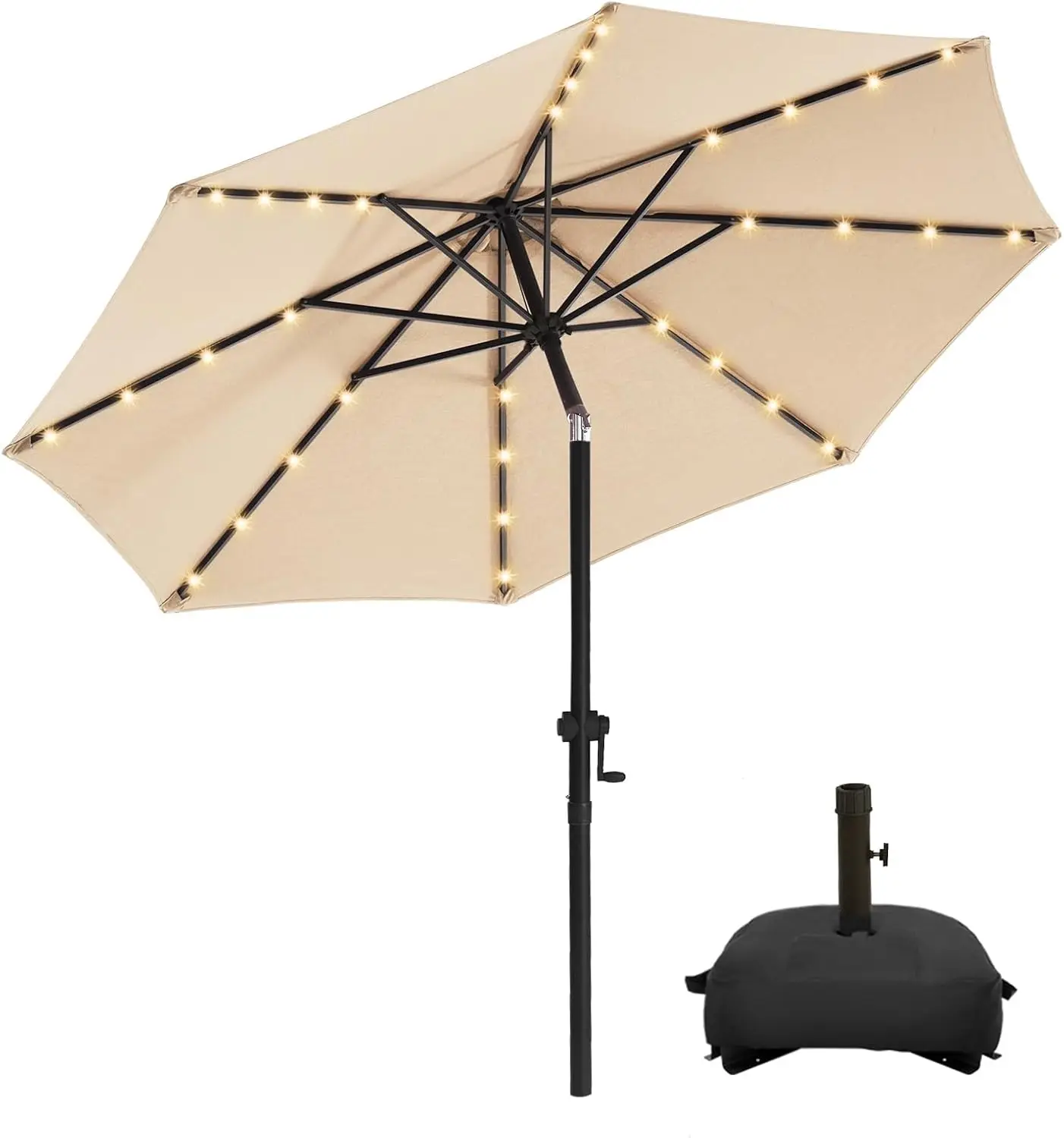 

9FT Solar Led Patio Umbrella with Base, Sturdy Outdoor Market Umbrella for Deck, Pool, Garden w/Tilt, Crank