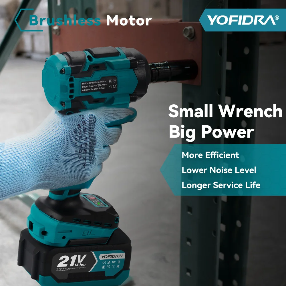 YOFIDRA 1000N.m Brushless Electric Impact Wrench 3 Gears 1/2 inch Cordless Electric Screwdriver Drill For Makita 21V Battery Pin