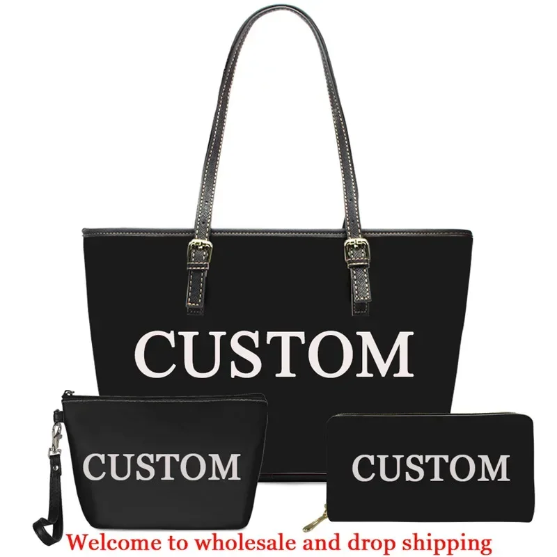 Printed Bags for Women Custom Your Name Image Logo Handbags and Wallet Set PU Leather Shoulder Purse Set Large Beach Zipper Bag