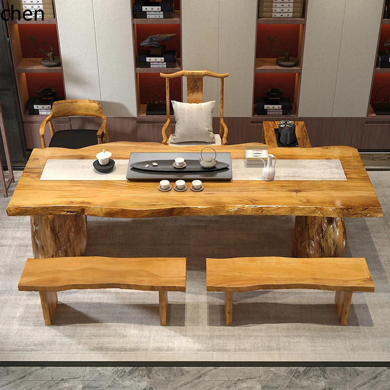 PYH New Chinese Solid Wood Large Board Tea Table Living Room Tea Table Chair Combination Kung Fu Office Tea Table