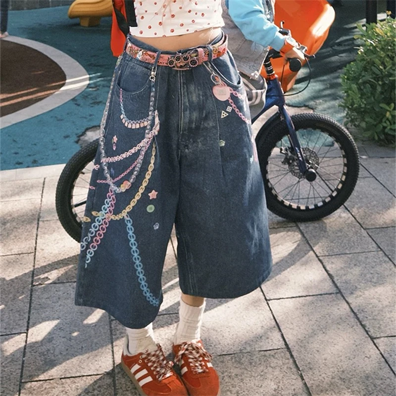 

Women's Colorful Chain Printing Pattern Summer Capris Pants Young Girl Wide Leg Cropped Female Calf-length Unisex Trousers
