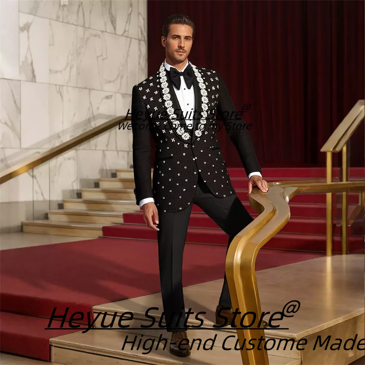 Customized Shiny Diamonds Black Male Prom Party Blazers Formal Groom Wedding Tuxedos 3Pieces Sets Handsome Elegant Costume Homme