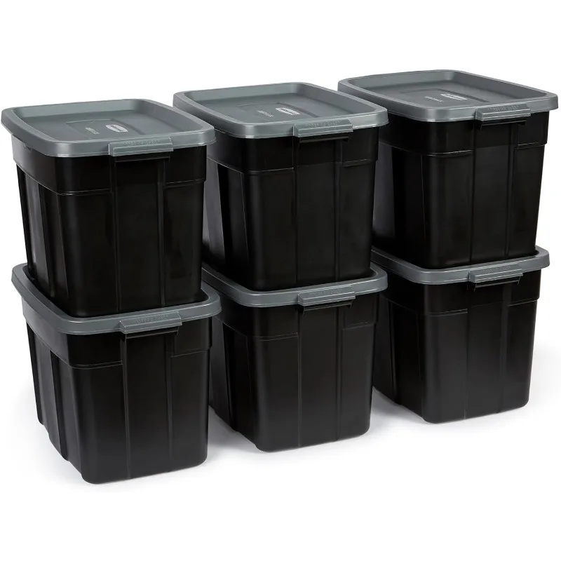 Roughneck Tote 18 Gal - 6 Pack ,Made in the USA, Black & Grey, Rugged Plastic Stackable Storage Tote with Lid and Handles