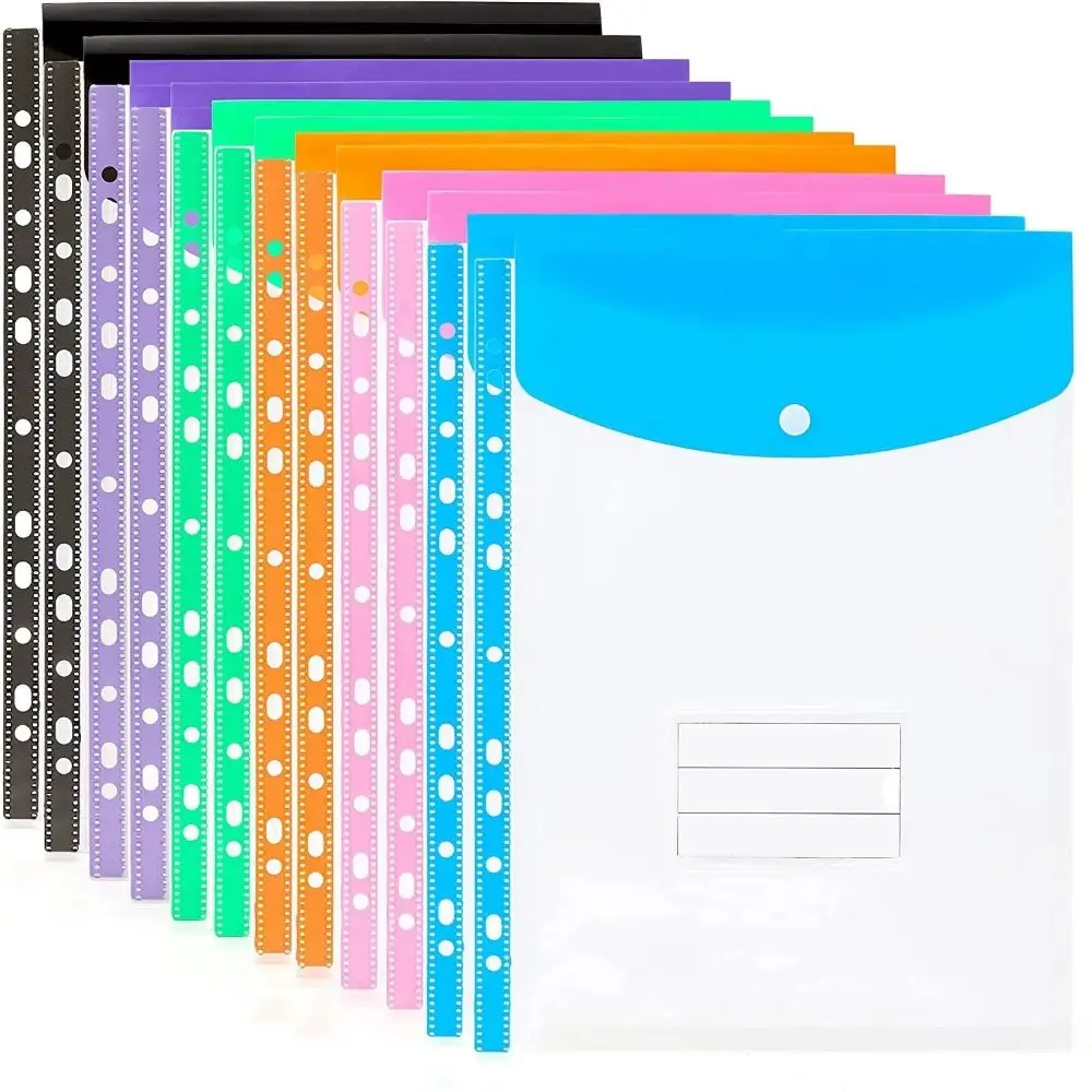 A4 Waterproof Binder Pocket for 2/3/4 Ring Binder Heavy Duty Plastic Envelope File Folders with Snap Button and Label Pocket