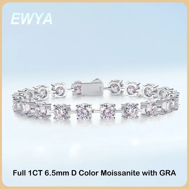 

EWYA Sparkling 6.5mm 1CT Full D Color Moissanite Tennis Bracelet For Women S925 Silver All Diamond Link Chain 18cm Bracelets