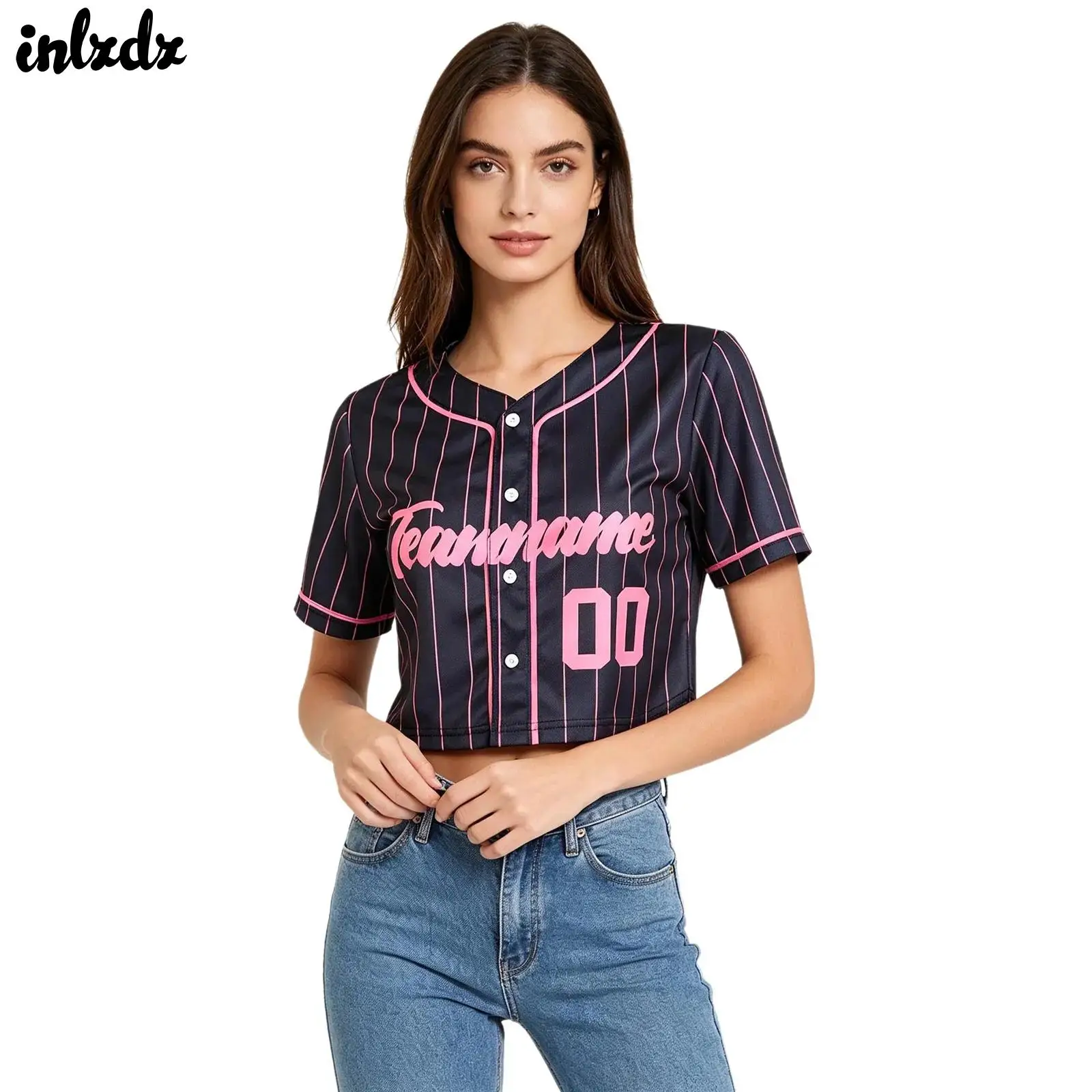 Womens Buttons Stripes Hip Hop Baseball Tops American-style Cropped T-Shirts Letters-printed V-neck Short Sleeve Y2K Jersey