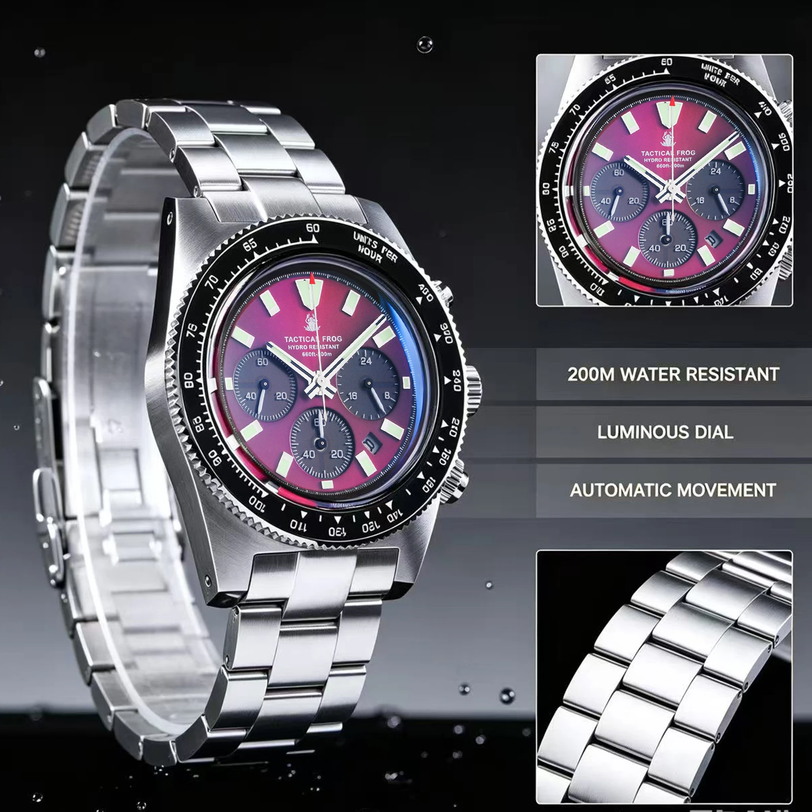 Men's 41mm Solar Diving Watch Chronograph 200M Waterproof Stainless Steel Strap Luminous Dial Date Display Quartz Outdoor Sports