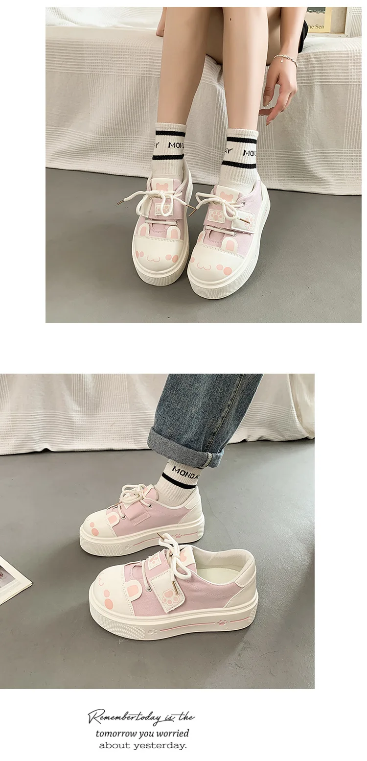 Kuschelige Katzenpfoten-Canvas-Schuhe, Schnür-Sneaker mit Kätzchen-Patchwork für Damen, Plateau-Schuhe aus Kunstleder, Lolita-Chunky-Trainer – Detail 9