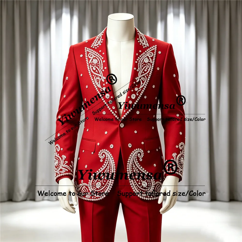 Sparkly Jewelry Stones Ornament Suit Men For Wedding Single Breasted Jacket Pants 2 Pieces Sets Groom Formal Wear Tuxedo Attires