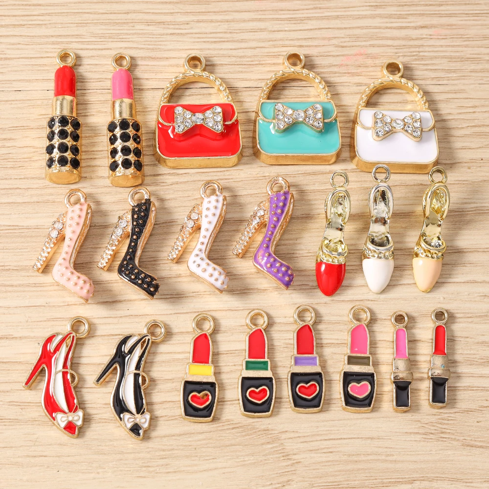 Tusember 10pcs Cute Crystal Lipstick Handbag Shoes High Heel Charms Pendant for Necklaces Earrings Bracelets Craft