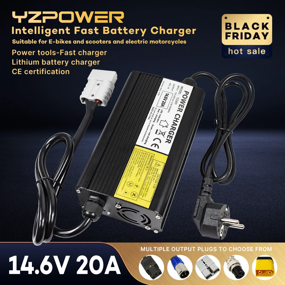 YZPOWER 14.6V 20A 4S Lifepo4 Charger For 12V Lifepo4 Lithium Battery Pack Input 110-240V DC Charger Fast Charging with fans