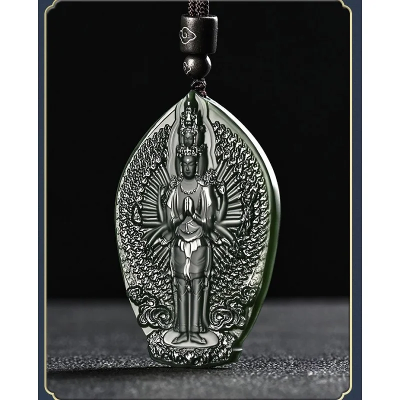 Natural Xinjiang Hetian Jade Thousand-Hand Guanyin Jade Pendant Sapphire Zodiac Mouse Birth Buddha Jade Pendant Men and Women Ja